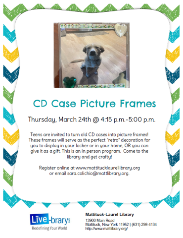 Teens are invited to turn old CD cases into picture frames! These frames will serve as the perfect "retro" decoration for you to display in your locker or in your home, OR you can give it as a gift. This is an in person program. Come to the library and get crafty!