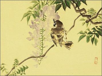 japanese print, yellow background with bird on branch with flowers and leaves