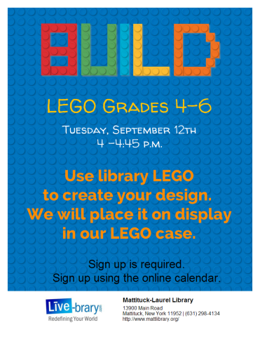 Join us and use library LEGO to create and see it displayed in the glass case!
