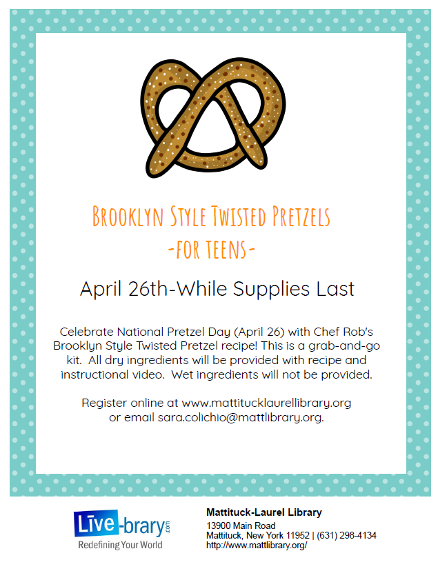 Celebrate National Pretzel Day (April 26) with Chef Rob's Brooklyn Style Twisted Pretzel recipe! This is a grab-and-go kit. All dry ingredients will be provided with recipe and instructional video. Wet ingredients will not be provided.