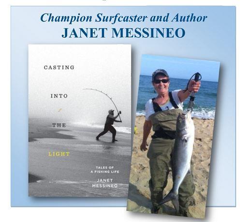 positioned side by side on blue background, left image of book by Janet Messineo, book title casting into the light, right image of woman in waders on beach holding fish