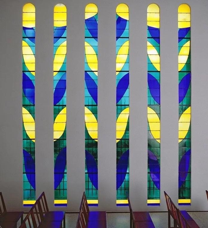 Stained Glass Windows in Yellow, Blue, and Purple